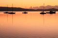 Sailing boat silhouettes in coastal landscape by golden light at dawn