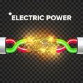 Break Electric Cable Vector. Electric Arc Power. Electricity Energy. 3D Realistic Isolated Illustration