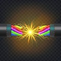 Electric Break Cable Vector. Electrical Circuit. Industrial Network Power. Glowing Lightning. 3D Realistic Isolated