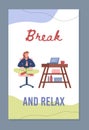 Break and relax banner with woman meditating at workplace, vector illustration. Royalty Free Stock Photo