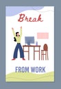 Break from work at workplace in office or at home banner vector illustration. Royalty Free Stock Photo