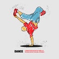 Breakdancer dancing and making a frieze on one hand. Vector outline of Breakdancer with scribble doodles. Royalty Free Stock Photo