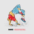 Breakdancer doing a back flip. The man is dancing hip hop style. Vector outline of Breakdancer with scribble doodles.