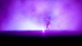 Breakdancer in driving suit dancing on a stage against colorful spotlights, slow motion, Luma Matte