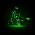 Breakdancer makes a frieze. Street dancing neon illustration with B boy on one hand.