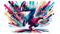 A breakdancer performing a bottom break, viewed from a low angle, emphasizing the movement and energy, Illustration in Royalty Free Stock Photo