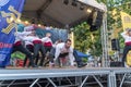 Breakdancers dressed with traditional bulgarian clothes Royalty Free Stock Photo