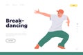 Breakdancing landing page design template with funky teenager bboy performing hiphop freestyle