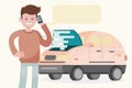 Breakdown of the car on the road. A man calls the service to help. Vector illustration in a flat style. Royalty Free Stock Photo