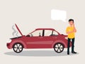 Breakdown of the car on the road. A man calls the service to help. Vector illustration Royalty Free Stock Photo