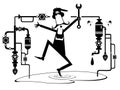 Comic mechanic repairs pipe construction illustration