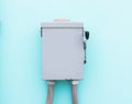 Breaker small and power button to distribute electricity supply with metal flex pipe. Royalty Free Stock Photo