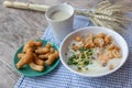 Breakfase meal. Congee or Rice porridge minced pork, boiled egg with soy milk and Chinese deep fried double dough stick