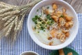 Breakfase meal. Congee or Rice porridge minced pork, boiled egg with soy milk and Chinese deep fried double dough stick