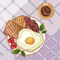 Colorful breakfast illustration. Fried egg, toasts, bacon, tomato cherry, basil leaf, cup of coffee on tablecloth. Royalty Free Stock Photo