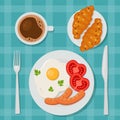 Delicious breakfast: fried eggs, coffee and croissants. Vector illustration in flat style.