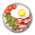 Breakfast with asparagus, egg and bacon. Watercolor illustration Royalty Free Stock Photo