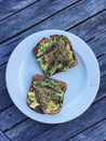 Breakfast: avocado toast with dukkah on plate on wooden table