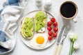Breakfast avocado toast with egg and coffee cup