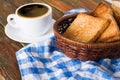 Breakfast background, toast and coffee on rustic wood Royalty Free Stock Photo