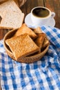 Breakfast background, toast and coffee on rustic wood Royalty Free Stock Photo