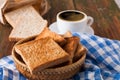 Breakfast background, toast and coffee on rustic wood Royalty Free Stock Photo