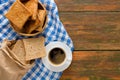 Breakfast background, toast and coffee on rustic wood, top view Royalty Free Stock Photo