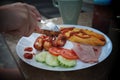 Breakfast with bacon , omelet , sausage Royalty Free Stock Photo