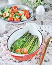 Breakfast of baked asparagus with boiled egg and cream cheese Royalty Free Stock Photo