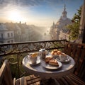 Breakfast on the balcony, breathtaking view. Travel concept.