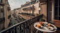 Breakfast on balcony during morning in paris terrace hotel