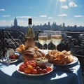 Breakfast on a balcony in New York 2. Luxury tourist resort breakfast in hotel room. Royalty Free Stock Photo