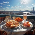 Breakfast on a balcony in New York. Luxury tourist resort breakfast in hotel room.1 Royalty Free Stock Photo