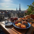 Breakfast on a balcony in Paris 4. Luxury tourist resort breakfast in hotel room. Royalty Free Stock Photo