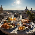 Breakfast on a balcony in Rome 2. Luxury tourist resort breakfast in hotel room. Royalty Free Stock Photo