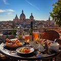 Breakfast on a balcony in Rome 3. Luxury tourist resort breakfast in hotel room. Royalty Free Stock Photo