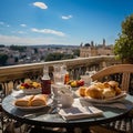 Breakfast on a balcony in Rome 4. Luxury tourist resort breakfast in hotel room. Royalty Free Stock Photo