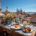 Breakfast on a balcony in Venice 2 . Luxury tourist resort breakfast in hotel room. Royalty Free Stock Photo