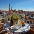 Breakfast on a balcony in Venice 4. Luxury tourist resort breakfast in hotel room. Royalty Free Stock Photo