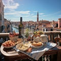 Breakfast on a balcony in Venice. Luxury tourist resort breakfast in hotel room. Royalty Free Stock Photo