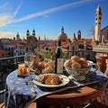 Breakfast on a balcony in Venice 3 . Luxury tourist resort breakfast in hotel room. Royalty Free Stock Photo