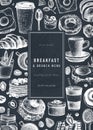 Breakfast banner on chalkboard. Morning food and hot drinks menu vector template. Breakfast and brunch dishes background. Vintage Royalty Free Stock Photo