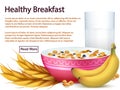 Breakfast banner template with cereals, realistic fruits