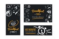 Breakfast banner template set, promotion restaurant, cafe on chalkboard. Blackboard poster with doodle icons with alarm