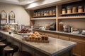 breakfast bar with fresh fruit, pastries, and coffee for busy morning rush