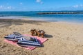 breakfast on the beach, breakfast setting on a tropical beach in Mauritius Royalty Free Stock Photo
