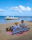 breakfast on the beach, breakfast setting on a tropical beach in Mauritius Royalty Free Stock Photo