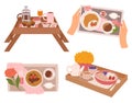 Breakfast In Bed With A Charming Tables Featuring A Steaming Cup Of Coffee, Fresh Pastries, Vibrant Fruits