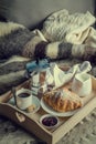 Breakfast in bed - coffee, croissant, milk on tray Royalty Free Stock Photo