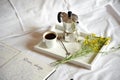 Breakfast in bed with coffee and diary on white sheets